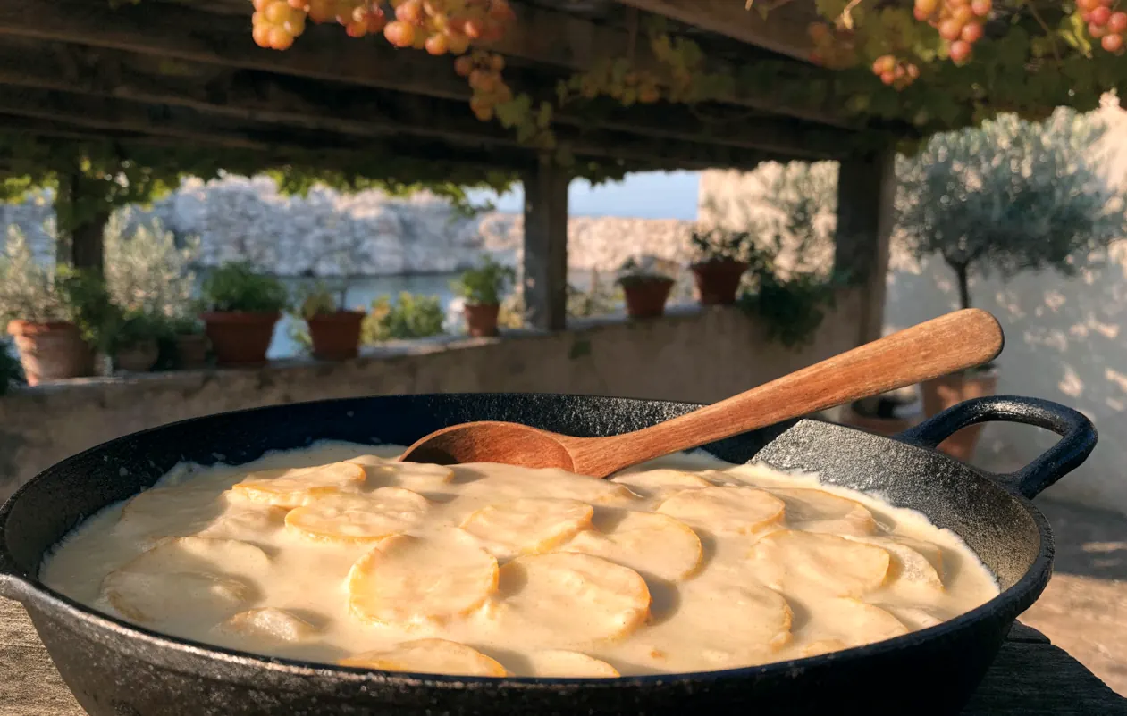Gratin dauphinois à la poêle crémeux dans une sauteuse en fonte, sur une table sous une pergola en bois avec vigne