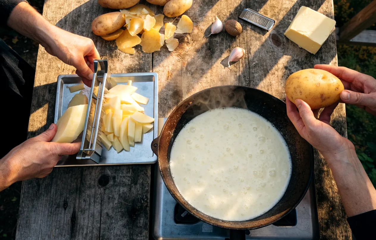 Pommes de terre tranchées à la mandoline et lait crème frémissant pour un gratin dauphinois à la poêle