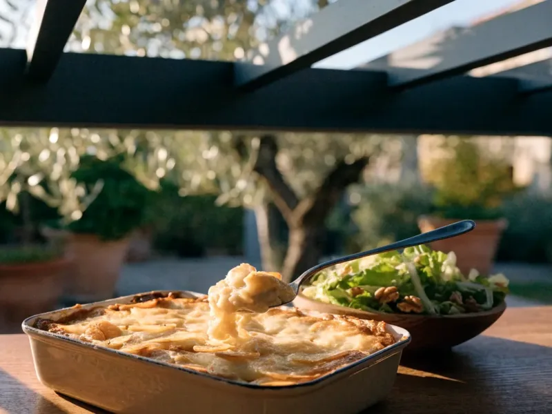 Gratin de pommes de terre du pauvre doré, sans crème, servi avec une salade verte sous une pergola bioclimatique