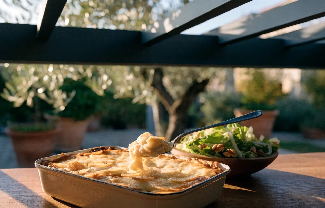 Gratin de pommes de terre du pauvre doré, sans crème, servi avec une salade verte sous une pergola bioclimatique