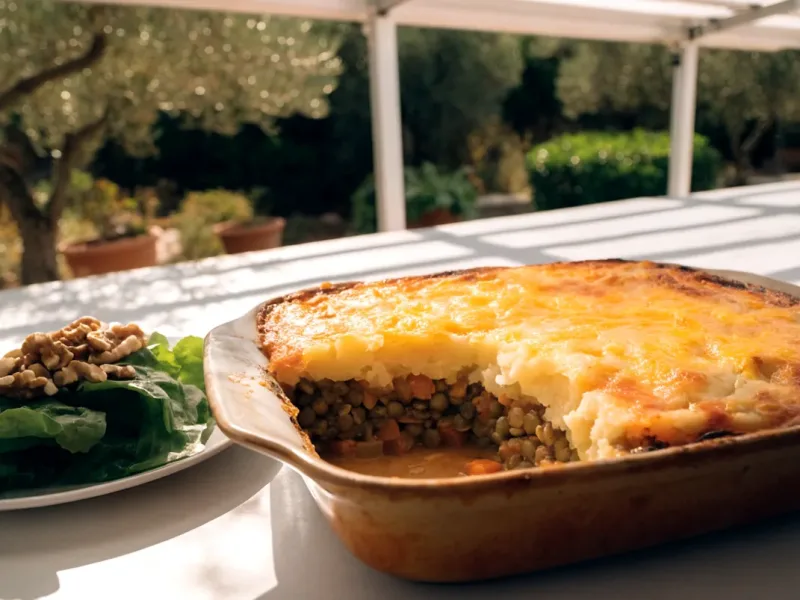 Hachis parmentier de légumes aux lentilles, purée de patate douce gratinée, sous une pergola bioclimatique blanche