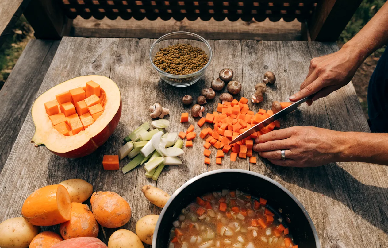 Légumes d’hiver et lentilles vertes préparés pour le hachis parmentier de légumes, vue de dessus