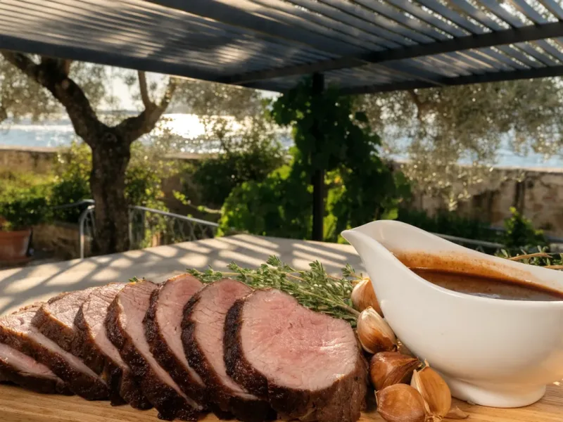 Rôti de bœuf tranché rosé et son jus maison en saucière sous une pergola bioclimatique anthracite