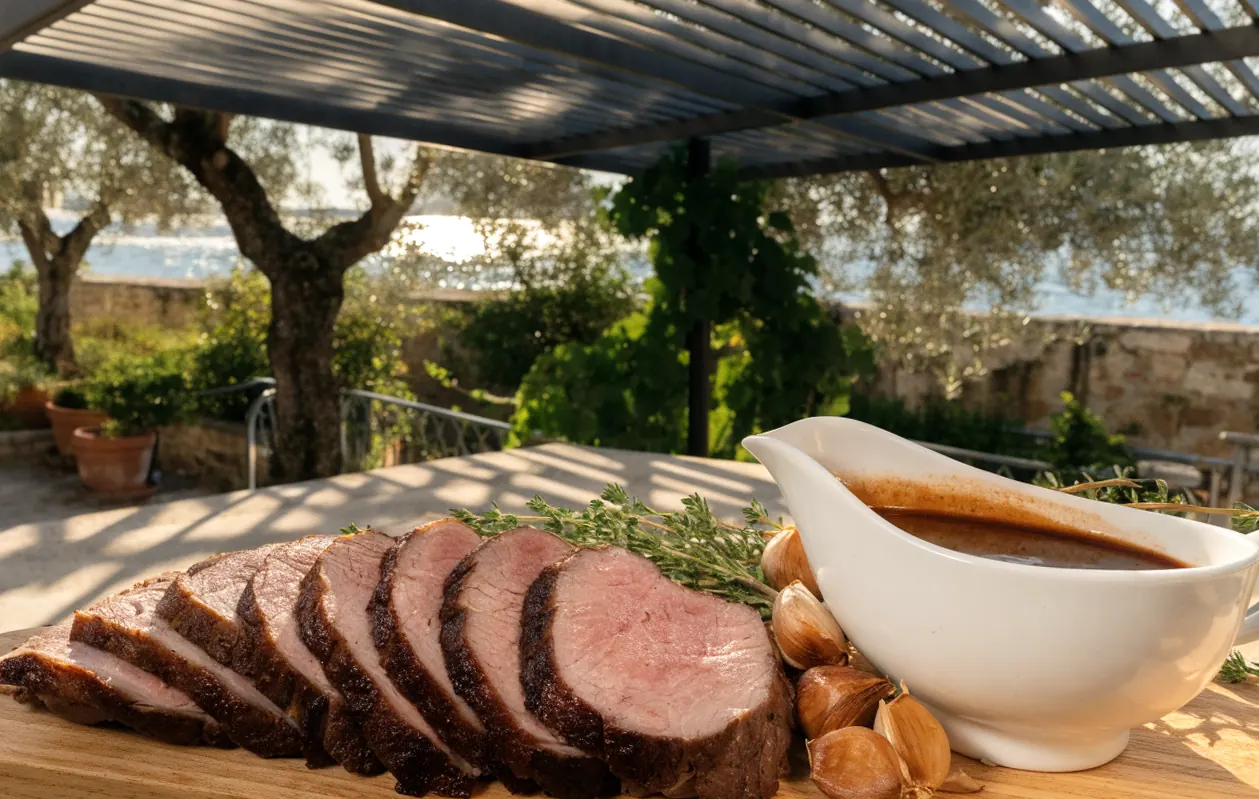 Rôti de bœuf tranché rosé et son jus maison en saucière sous une pergola bioclimatique anthracite
