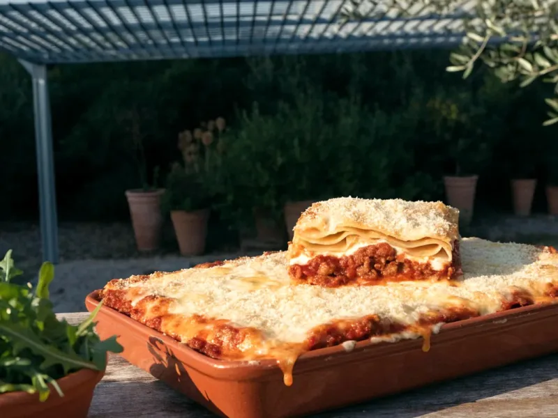 Lasagnes bolognaise gratinées montrant les feuilles de lasagne en couches, servies sous une pergola bioclimatique