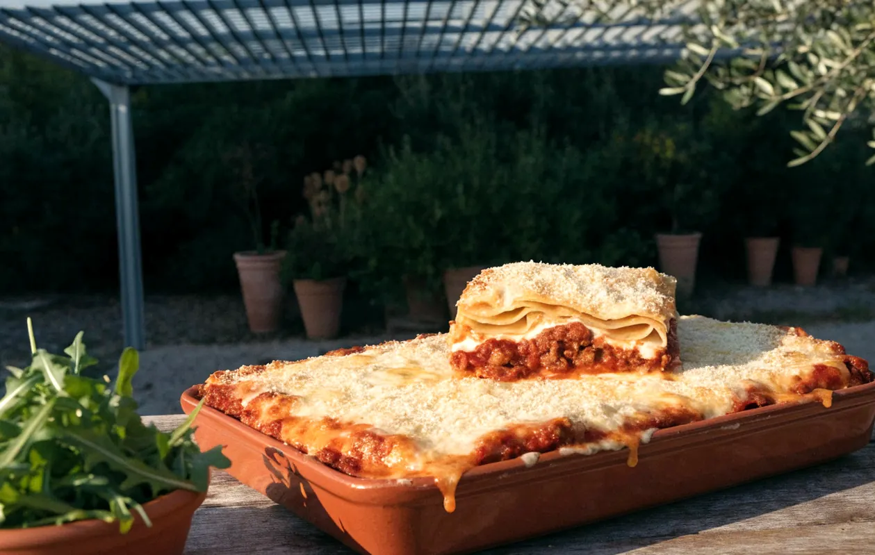Lasaña a la boloñesa gratinada, en la que se aprecian las láminas de lasaña en capas, servida bajo una pérgola bioclimática