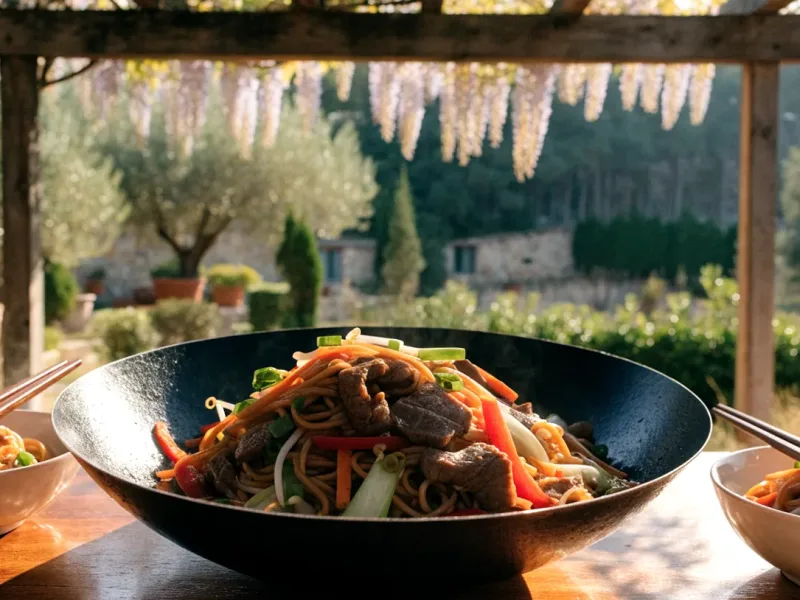 Nouilles sautées au bœuf et légumes croquants dans un wok, servies en bols sous une pergola en bois et glycine