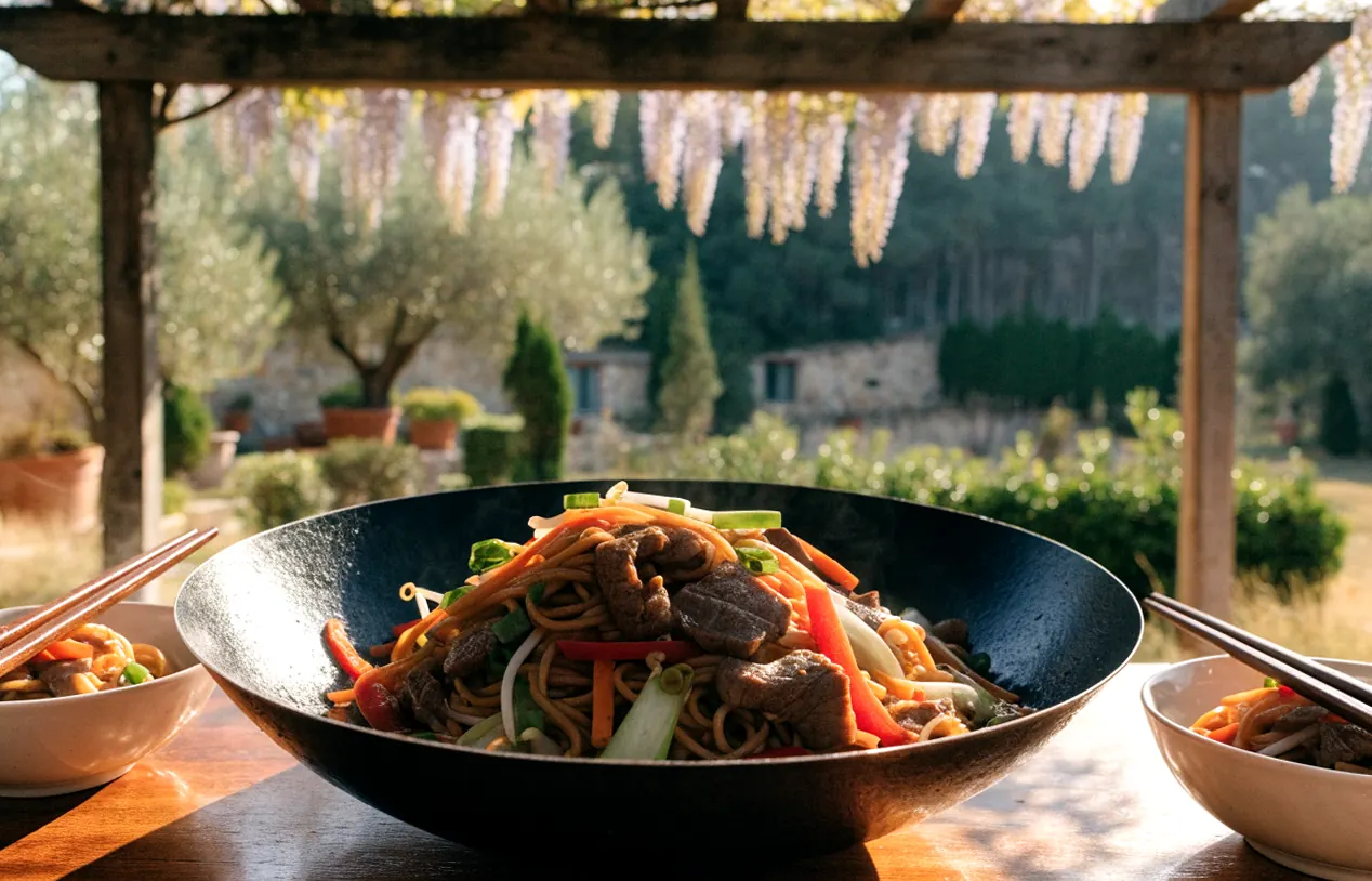 Nouilles sautées au bœuf et légumes croquants dans un wok, servies en bols sous une pergola en bois et glycine