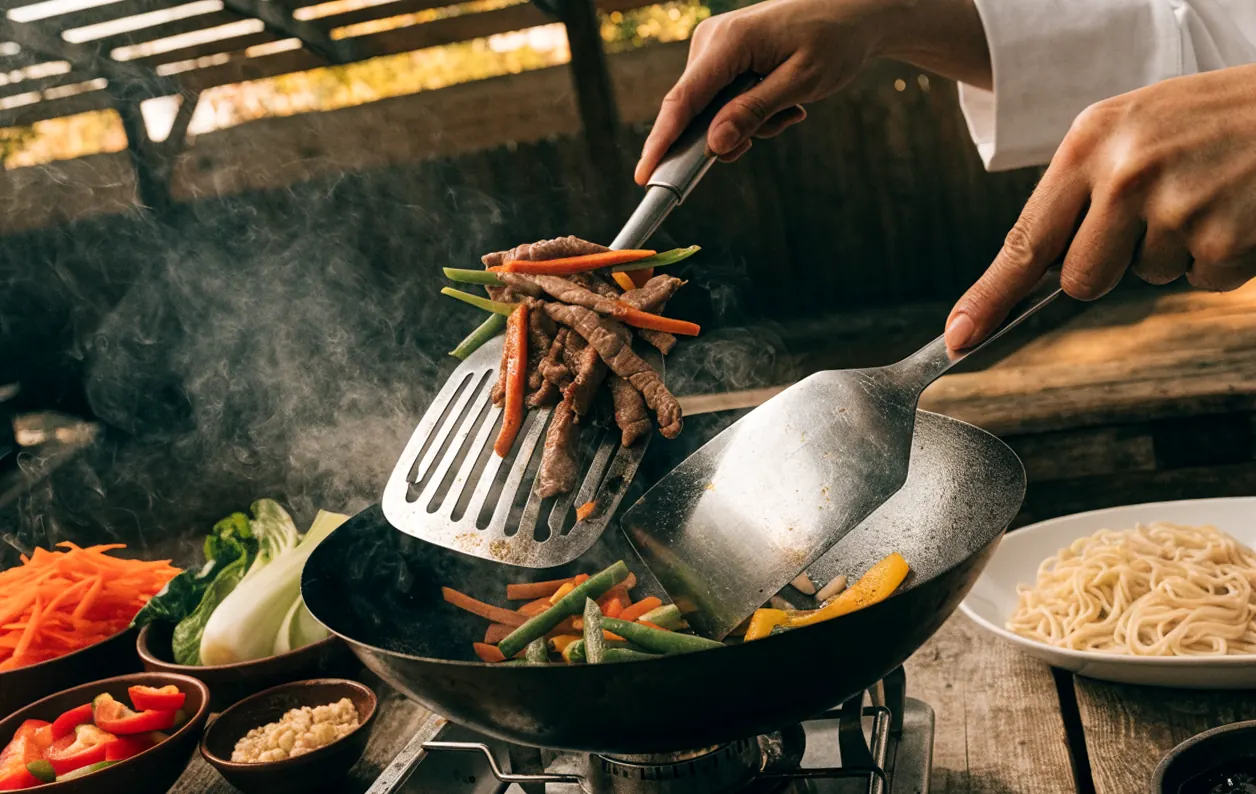 Cuisson des nouilles sautées au bœuf au wok sur un réchaud, légumes préparés en bols autour