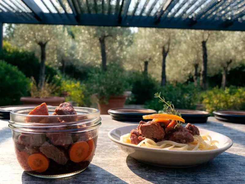 Daube provençale en bocaux faite maison, servie avec des pâtes fraîches sous une pergola bioclimatique anthracite