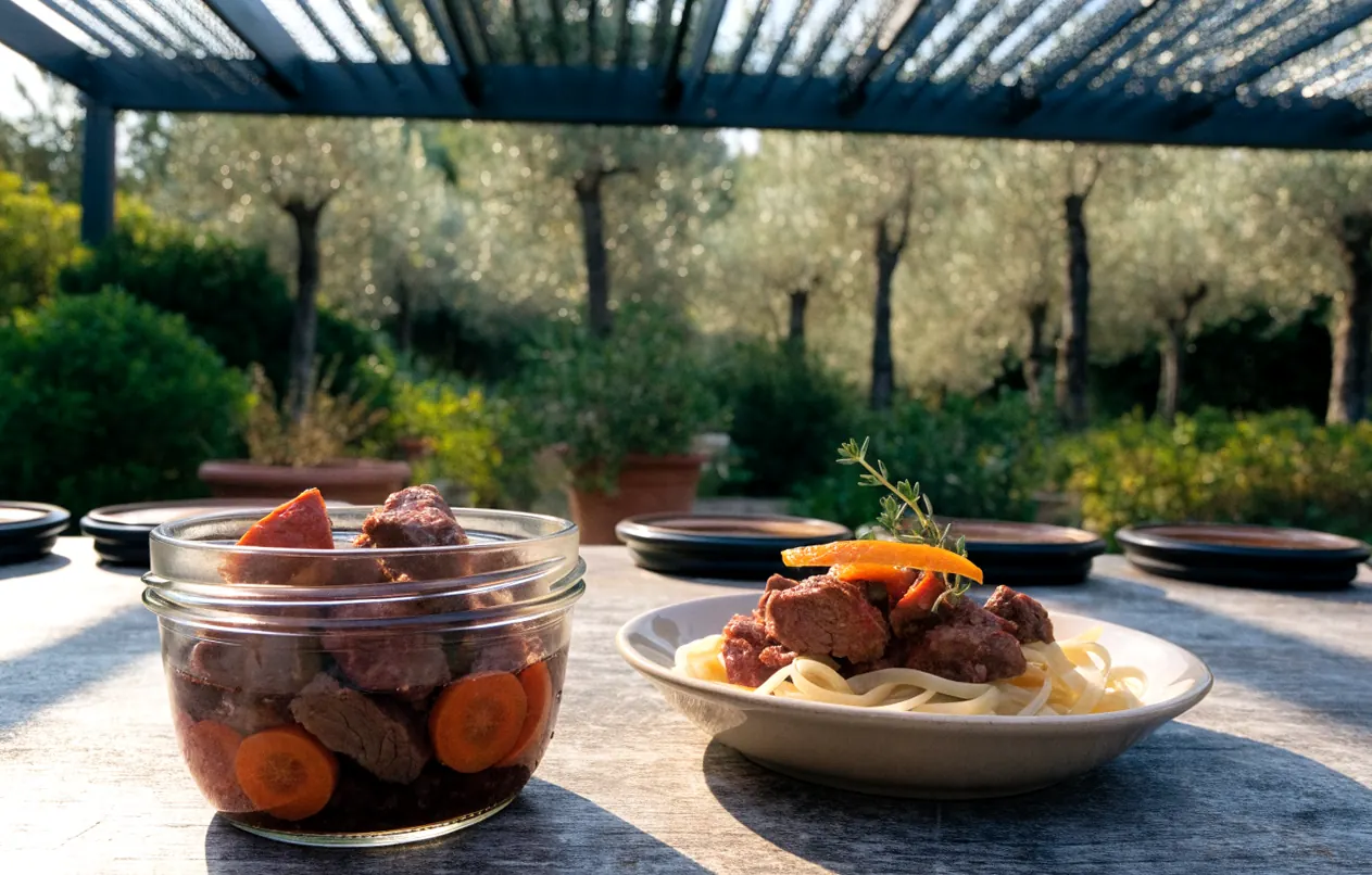 Daube provençale en bocaux faite maison, servie avec des pâtes fraîches sous une pergola bioclimatique anthracite