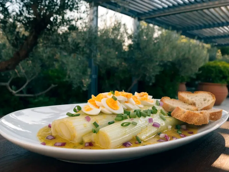 Poireaux vinaigrette cuits à la cocotte-minute, avec œuf mimosa et ciboulette, servis sous une pergola bioclimatique