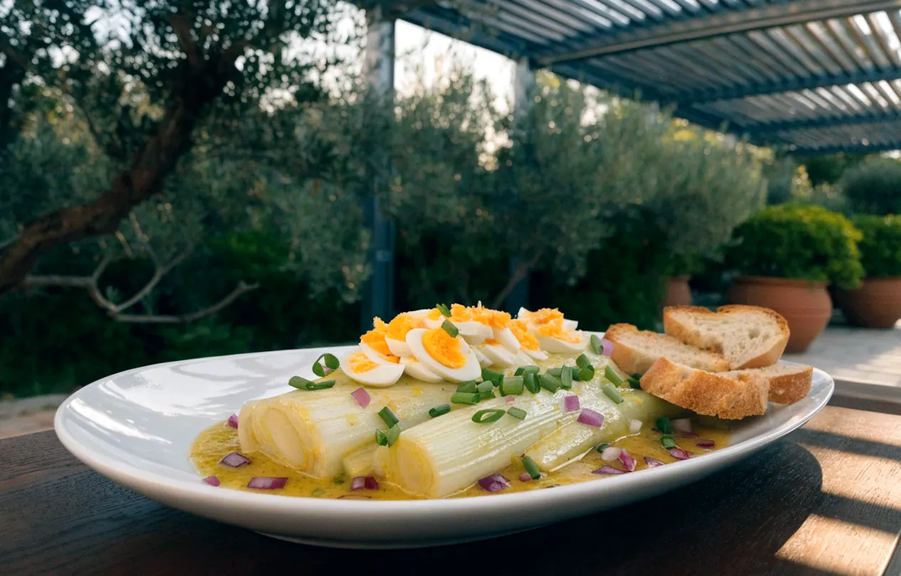 Poireaux vinaigrette cuits à la cocotte-minute, avec œuf mimosa et ciboulette, servis sous une pergola bioclimatique