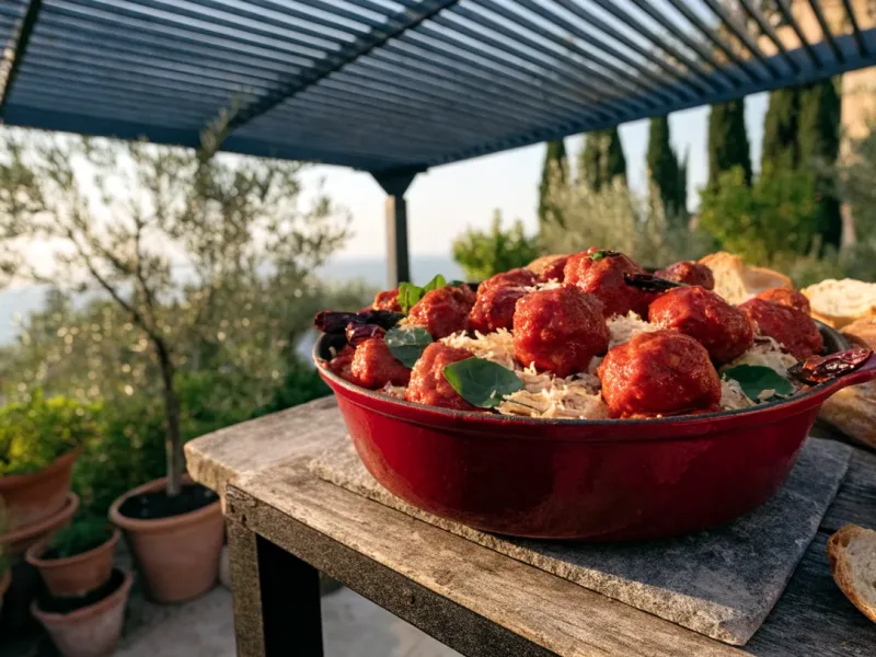 Polpette calabraise mijotées dans une sauce tomate pimentée, en cocotte sous une pergola bioclimatique