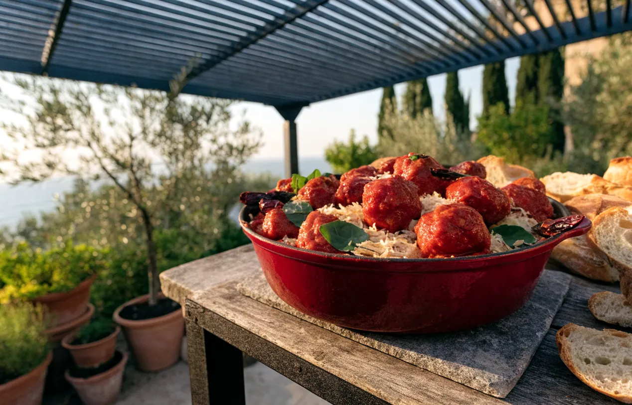 Polpette calabraise mijotées dans une sauce tomate pimentée, en cocotte sous une pergola bioclimatique