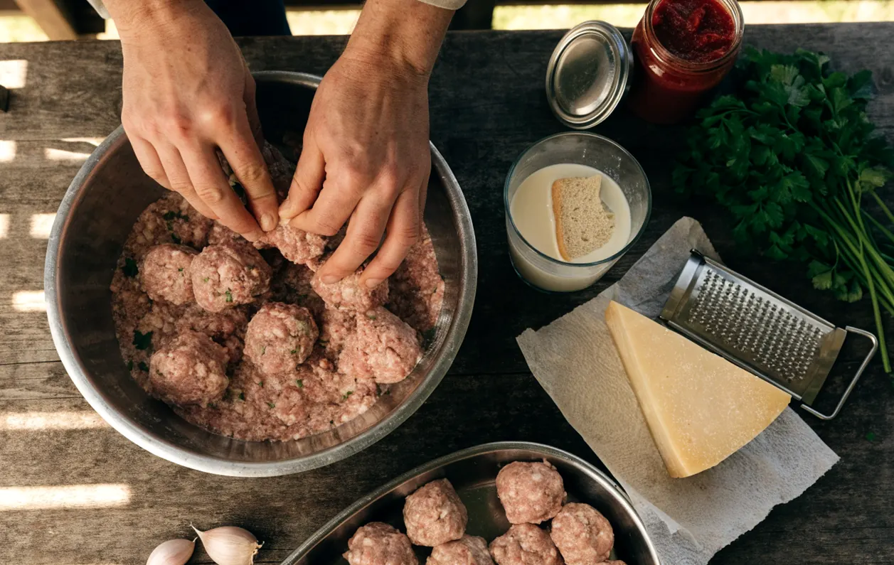 Préparation de la recette polpette calabraise : boulettes de viande roulées à la main, pecorino et ’nduja