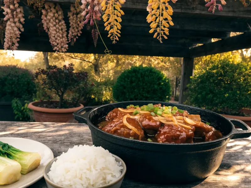 Porc au sucre tahitien laqué dans une cocotte en fonte, avec un bol de riz blanc, sous une pergola en bois et glycine