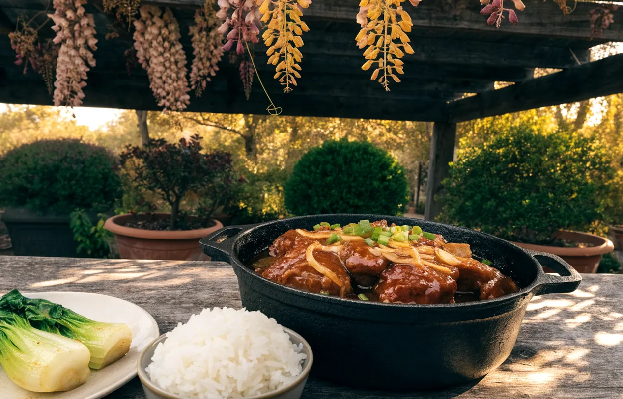 Porc au sucre tahitien laqué dans une cocotte en fonte, avec un bol de riz blanc, sous une pergola en bois et glycine
