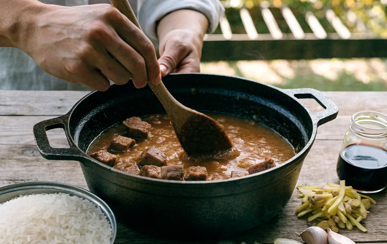 Préparation du porc au sucre : cubes d’échine enrobés de caramel de sucre roux dans la cocotte