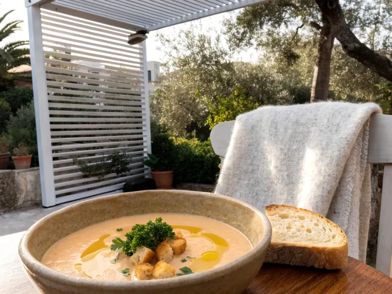 Potage de légumes maison servi avec croûtons et huile d’olive sous une pergola bioclimatique blanche en automne