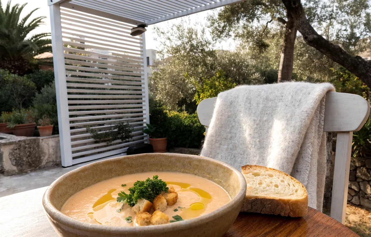 Homemade vegetable soup served with croutons and olive oil under a white bioclimatic pergola in the fall
