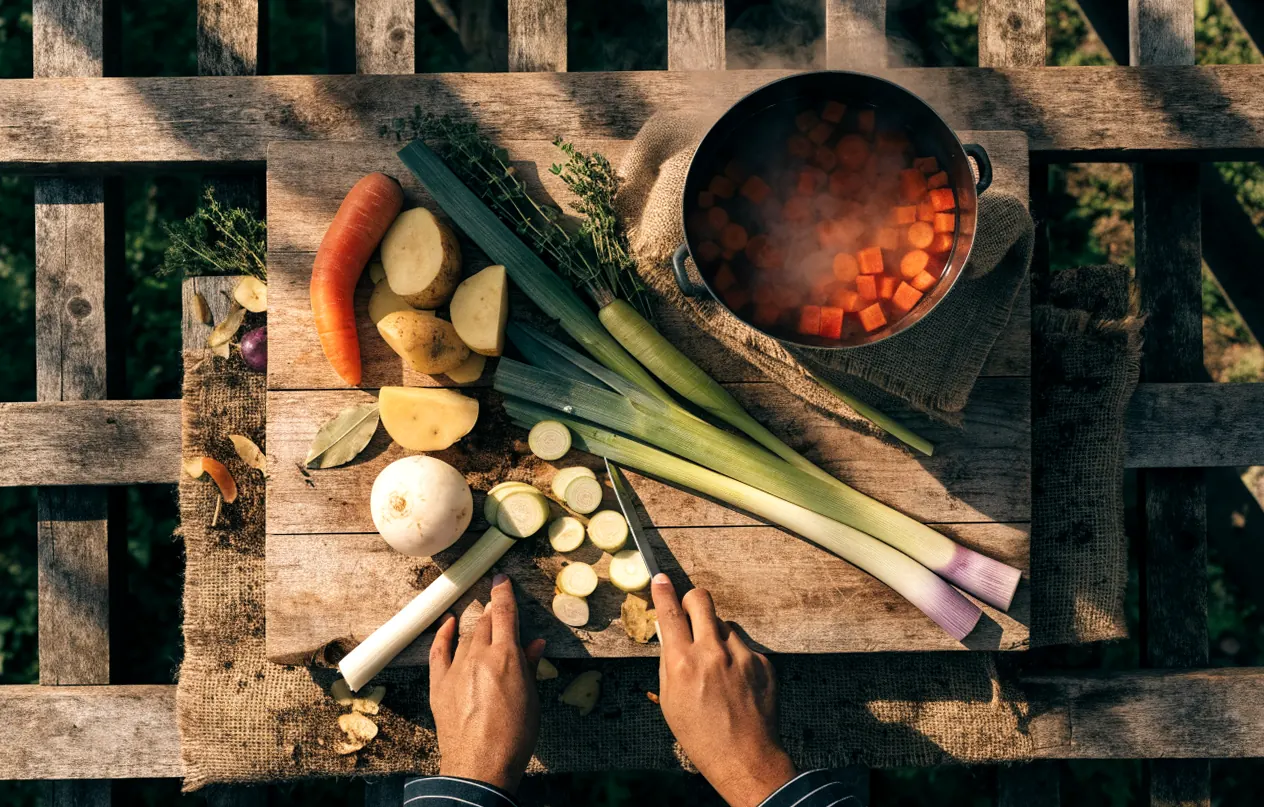 Chopped vegetables for vegetable soup: leeks, carrots, potatoes, and turnips on a cutting board