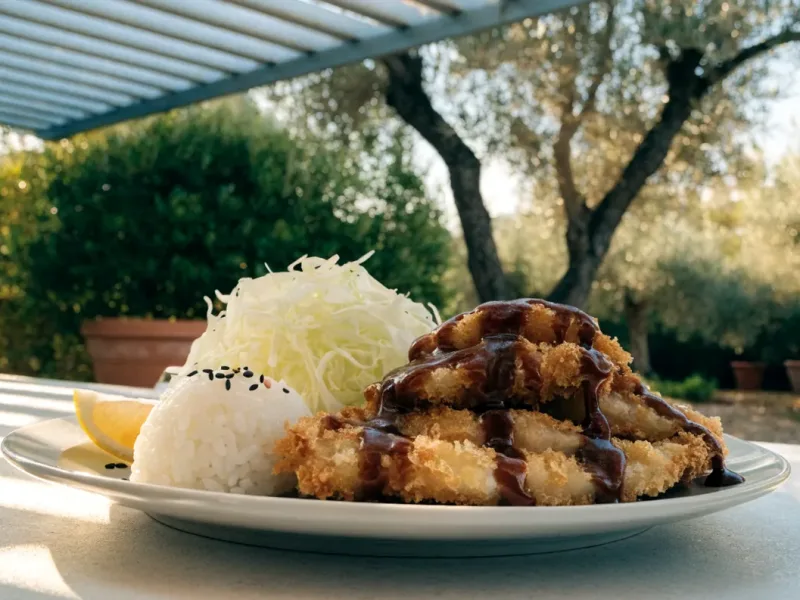 Poulet pané au panko façon chicken katsu, tranché avec chou cru, riz et sauce, sous une pergola bioclimatique blanche