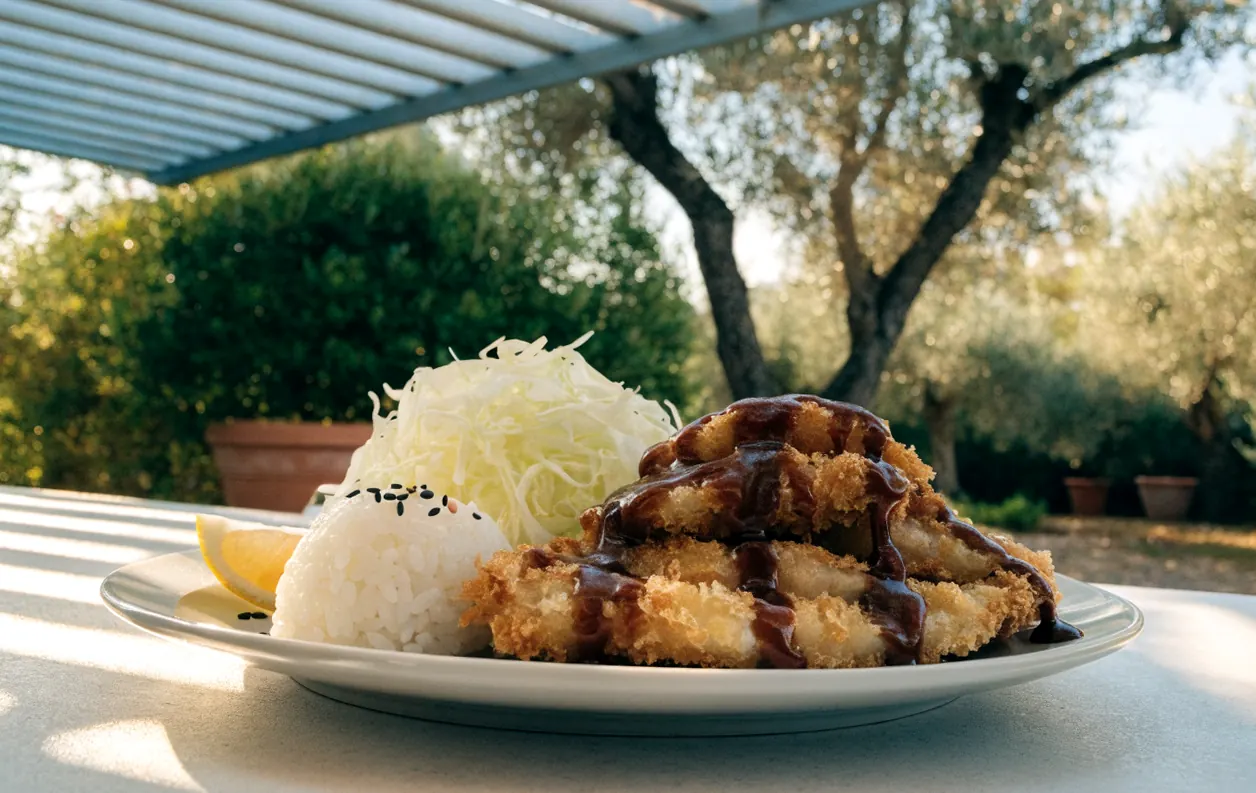 Poulet pané au panko façon chicken katsu, tranché avec chou cru, riz et sauce, sous une pergola bioclimatique blanche