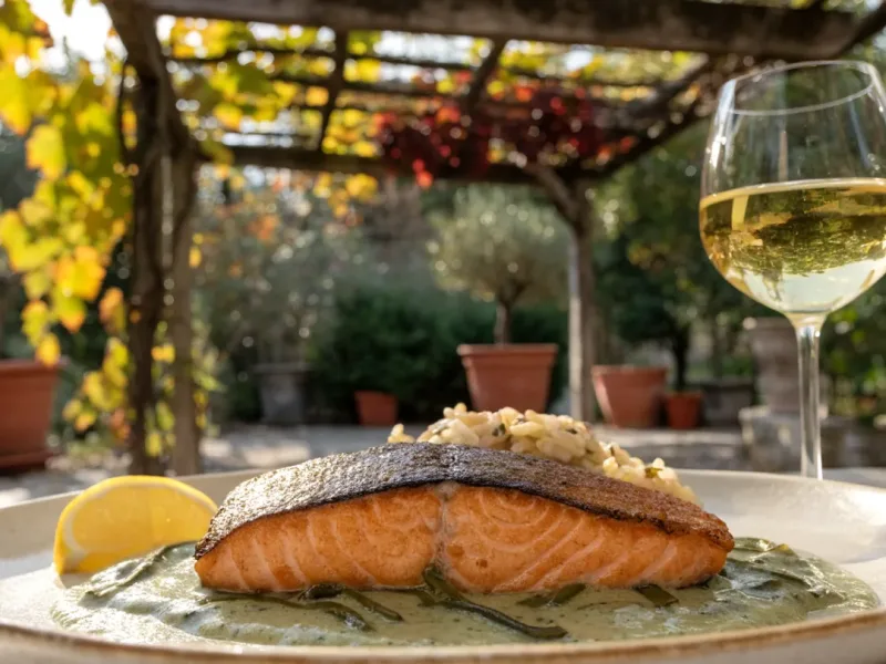 Quelle sauce avec le saumon : pavé poêlé sur une sauce crème à l’oseille, servi sous une pergola en bois et vigne
