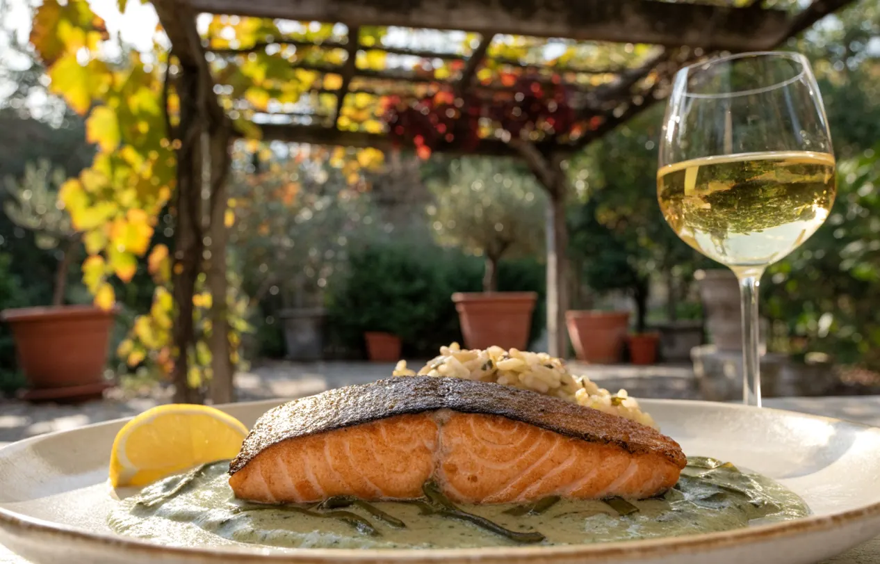 Quelle sauce avec le saumon : pavé poêlé sur une sauce crème à l’oseille, servi sous une pergola en bois et vigne