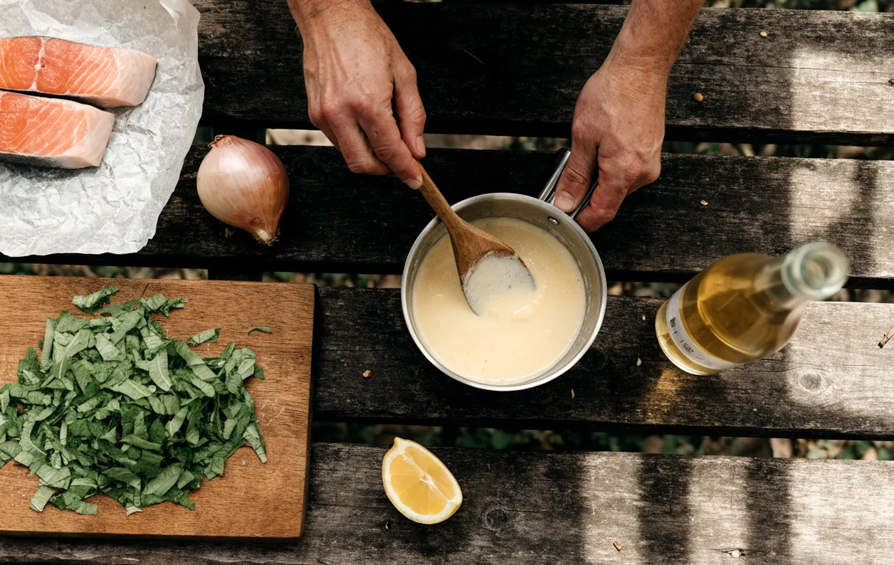 Préparation de la sauce à l’oseille pour le saumon : oseille ciselée, crème qui réduit et pavés crus