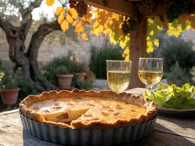 Quiche lorraine croustillante et dorée, une part coupée, sur une table sous une pergola en bois couverte de vigne
