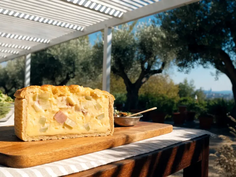 Quiche traiteur épaisse aux poireaux, jambon et comté coupée en parts nettes sous une pergola bioclimatique blanche