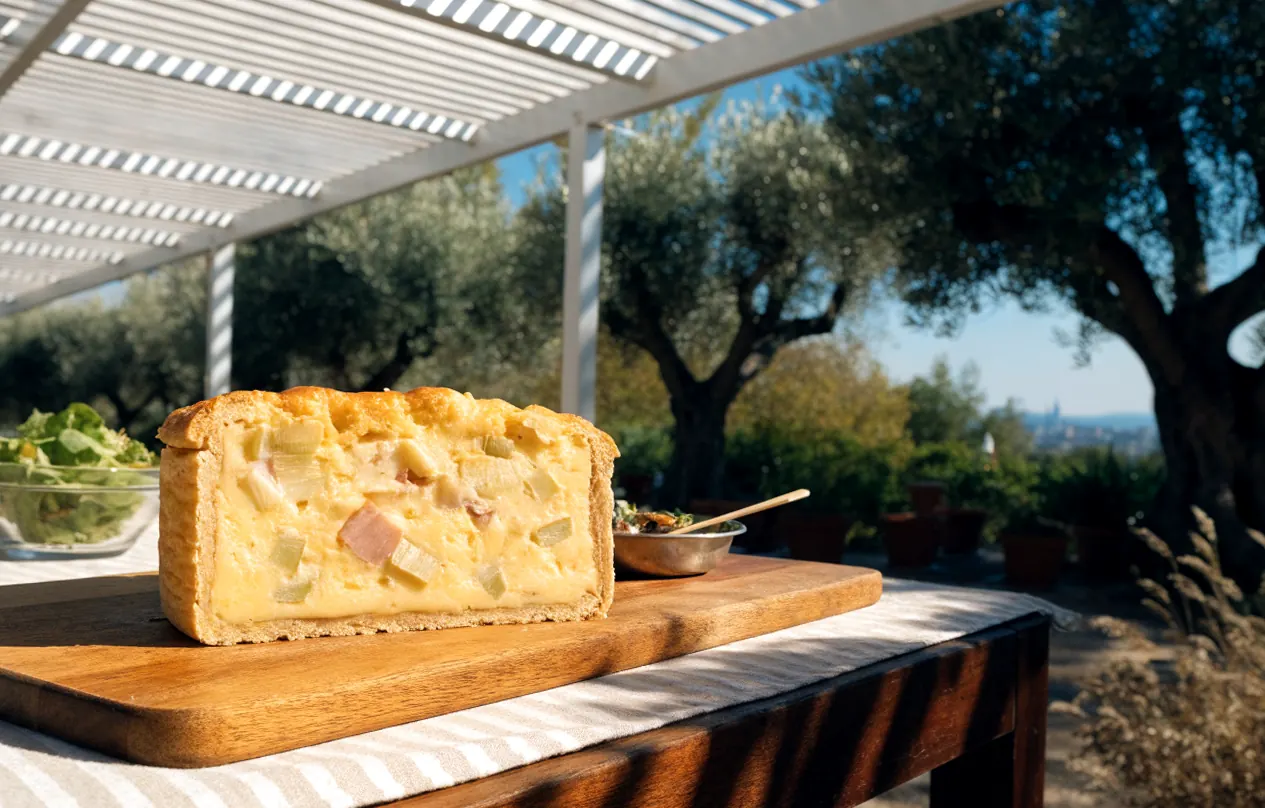 Quiche traiteur épaisse aux poireaux, jambon et comté coupée en parts nettes sous une pergola bioclimatique blanche