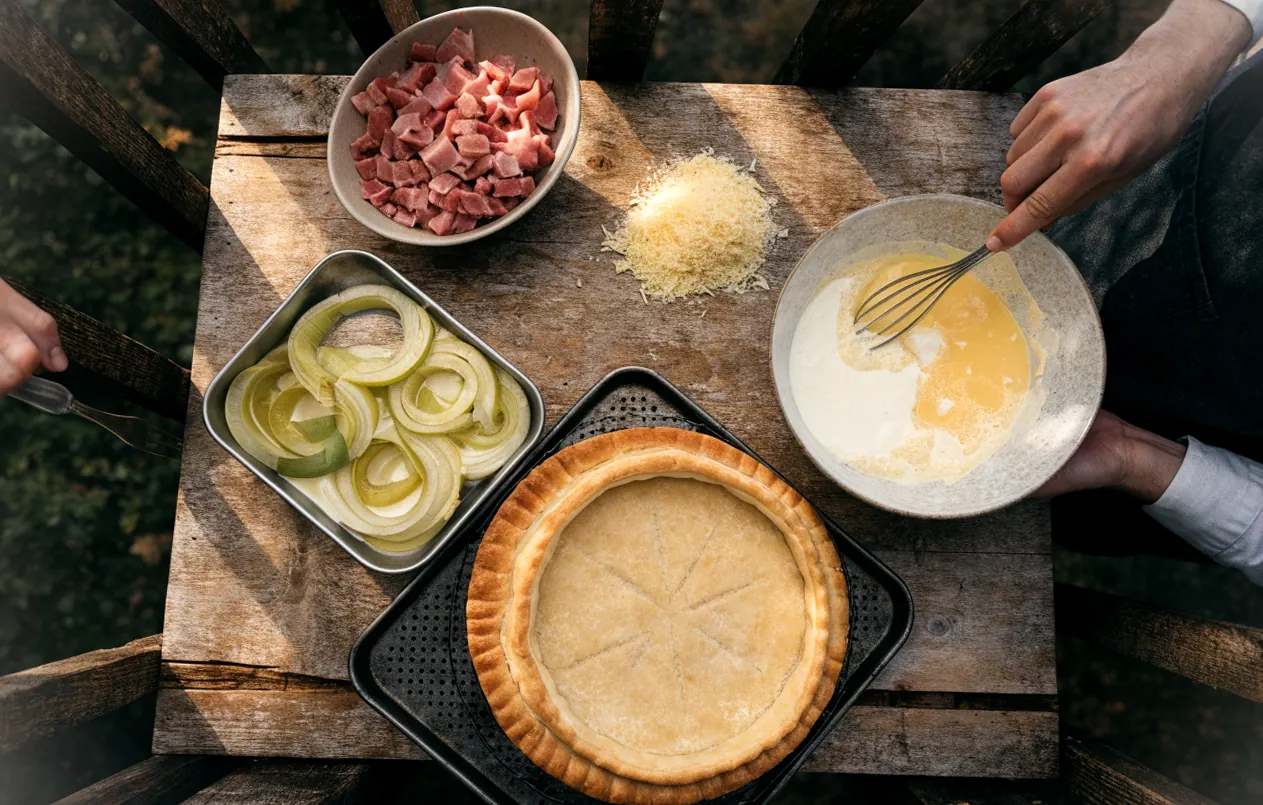 Préparation d’une quiche traiteur : cercle haut foncé de pâte brisée, poireaux fondus, jambon et appareil aux œufs