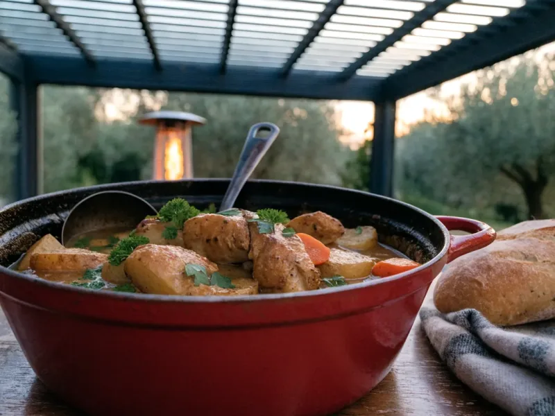 Ragoût de pommes de terre au poulet dans une cocotte en fonte, servi sous une pergola bioclimatique fermée