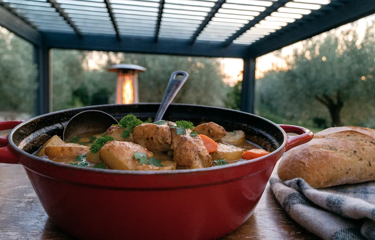 Ragoût de pommes de terre au poulet dans une cocotte en fonte, servi sous une pergola bioclimatique fermée