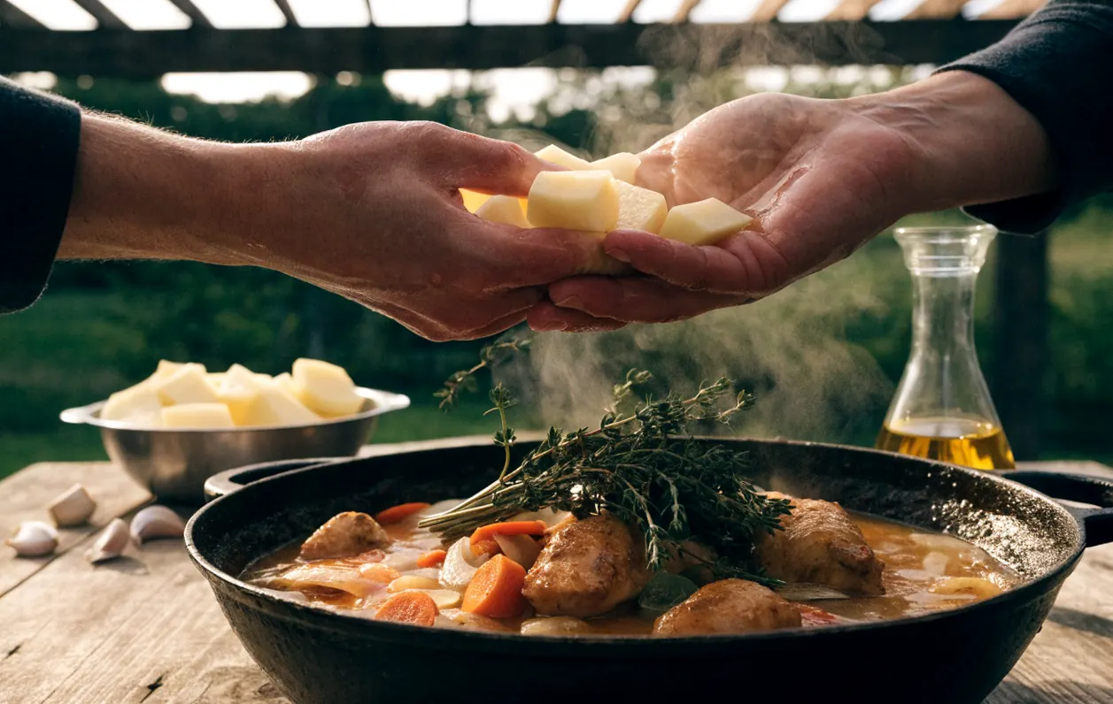 Ajout des pommes de terre dans la cocotte du ragoût de poulet, avec carottes et bouquet garni