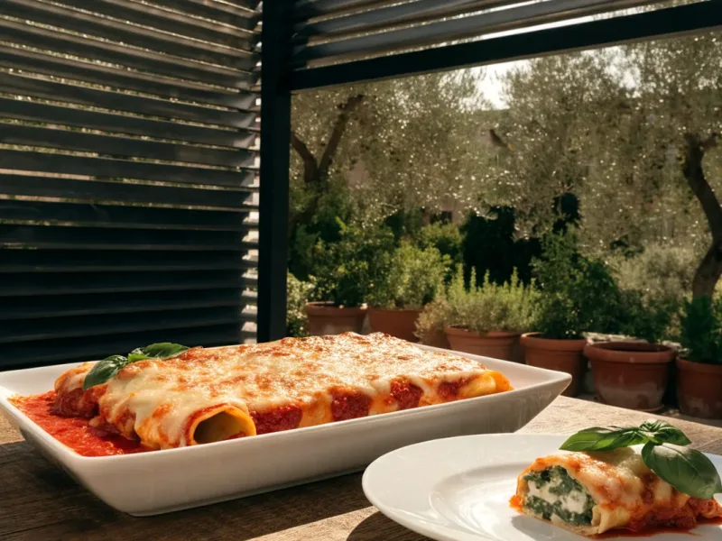 Cannelloni ricotta épinards gratinés à la sauce tomate servis sous une pergola bioclimatique à Marseille