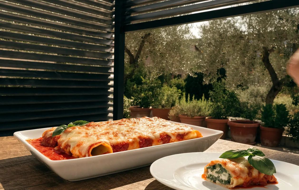 Cannelloni ricotta épinards gratinés à la sauce tomate servis sous une pergola bioclimatique à Marseille