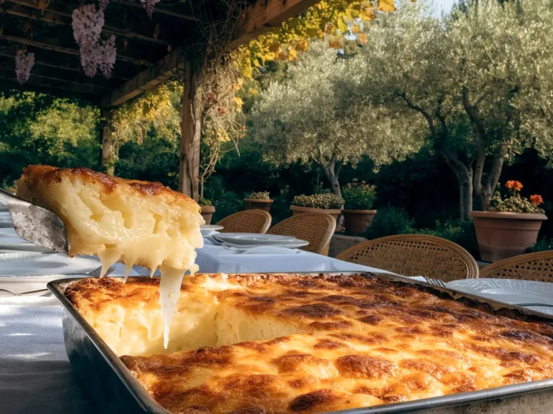 Gratin dauphinois de la veille réchauffé et doré servi sur une table sous une pergola en bois avec glycine