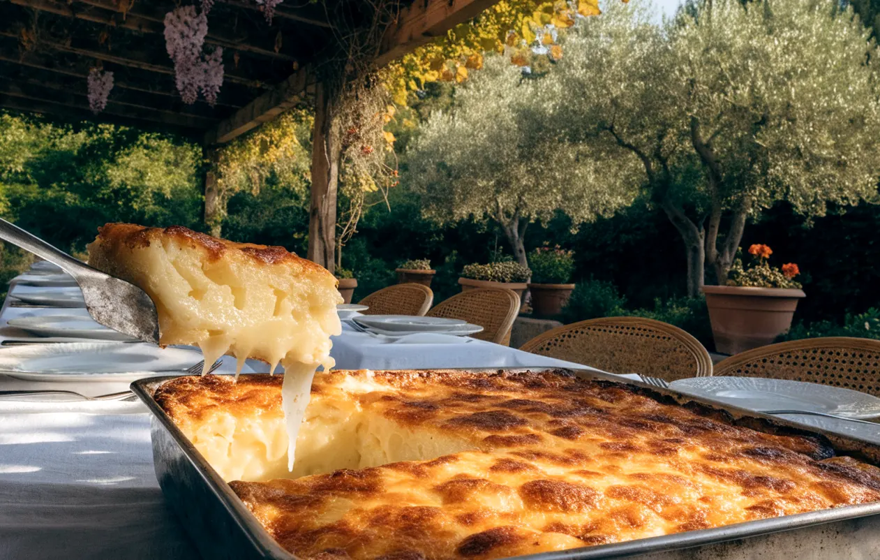 Gratin dauphinois de la veille réchauffé et doré servi sur une table sous une pergola en bois avec glycine