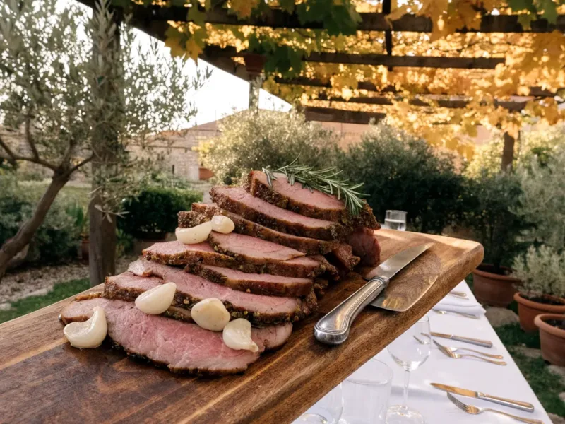Rosbeef tranché rosé pour 6 personnes sur une planche, table dressée sous une pergola en bois avec vigne
