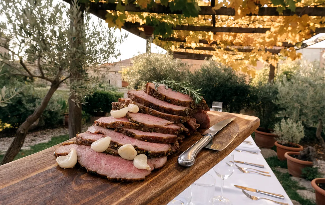 Rosbeef tranché rosé pour 6 personnes sur une planche, table dressée sous une pergola en bois avec vigne