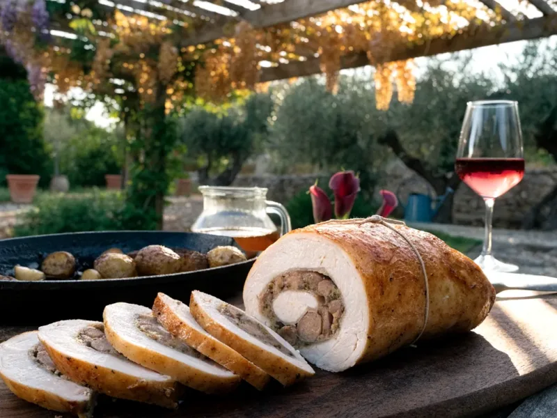 Rôti de poulet farci aux champignons tranché, avec grenailles, sous une pergola en bois couverte de glycine