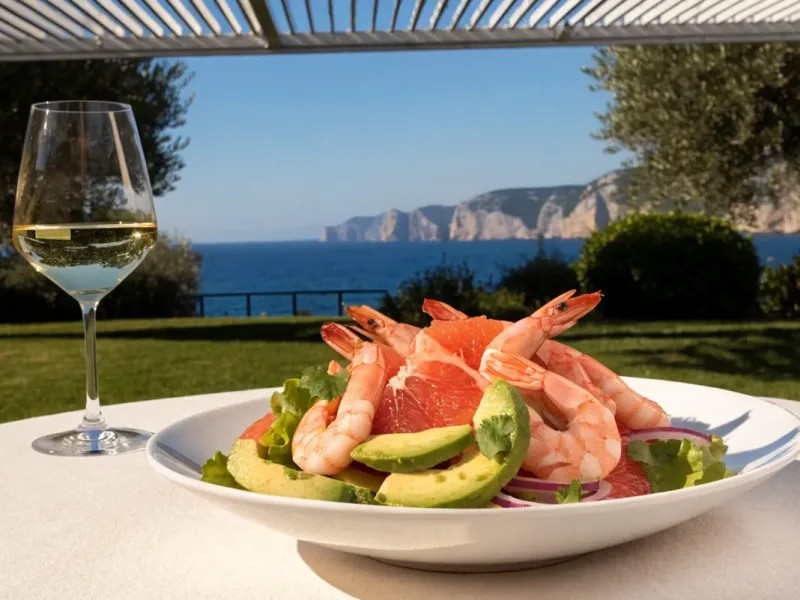 Salade de crevettes au pamplemousse rose et avocat servie sous une pergola bioclimatique blanche face à la mer