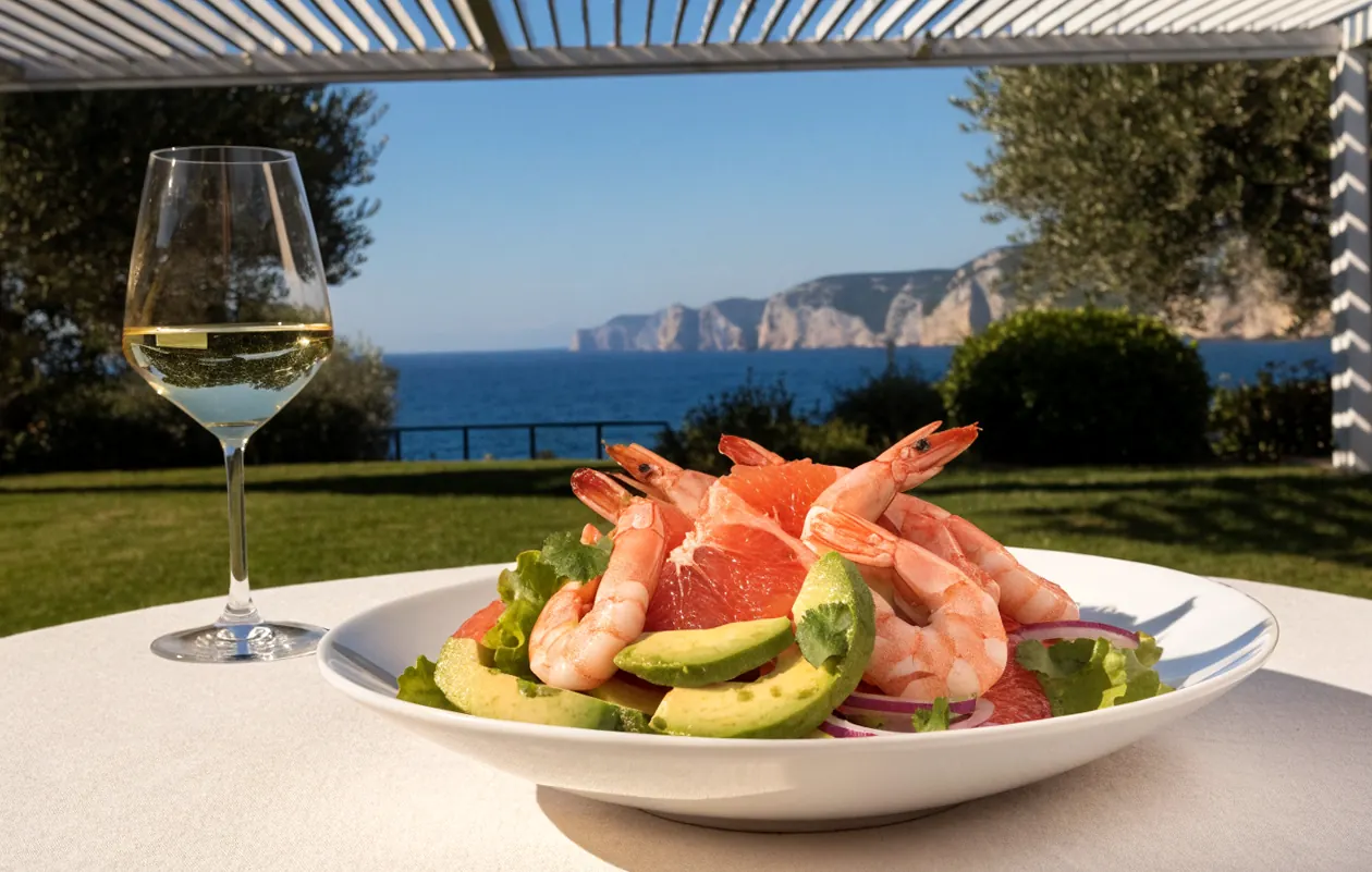 Salade de crevettes au pamplemousse rose et avocat servie sous une pergola bioclimatique blanche face à la mer