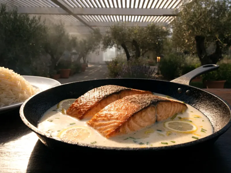 Sauce chaude pour saumon à la crème, au citron et à la ciboulette dans une poêle en fonte sous une pergola