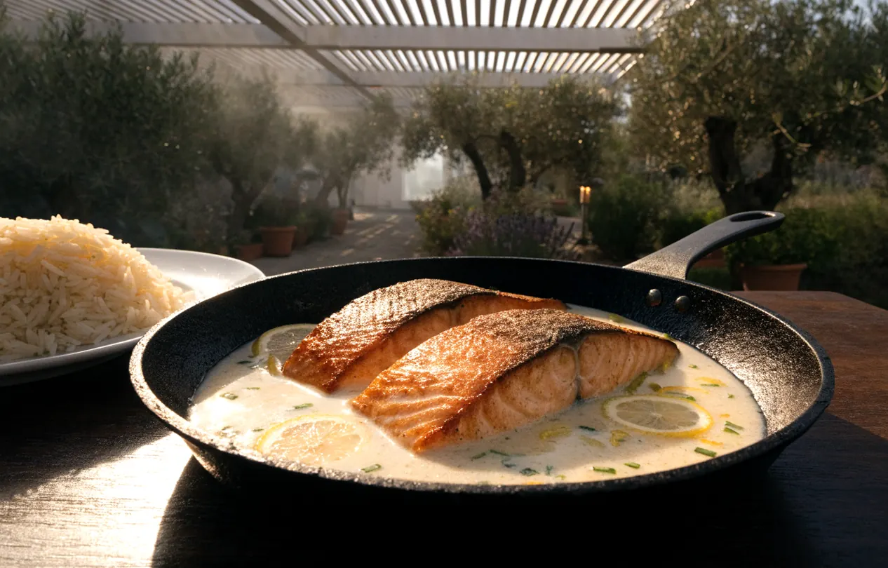 Sauce chaude pour saumon à la crème, au citron et à la ciboulette dans une poêle en fonte sous une pergola