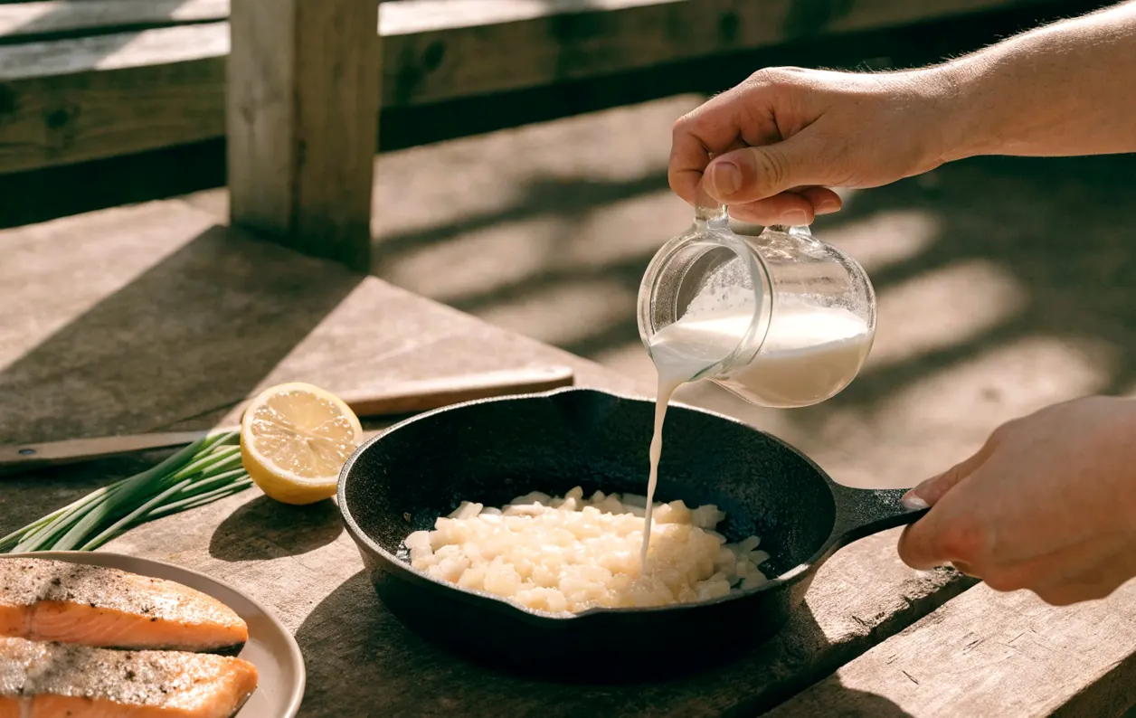 Préparation de la sauce chaude pour saumon : la crème versée dans la poêle sur l’échalote fondue